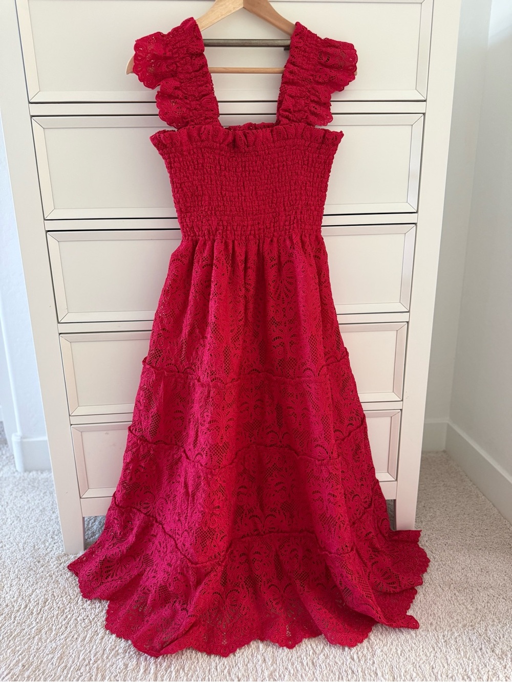 Hill House Home Ellie Nap Dress Cerise Red Lace Smocked Ruffle Maxi CottagecoreS
